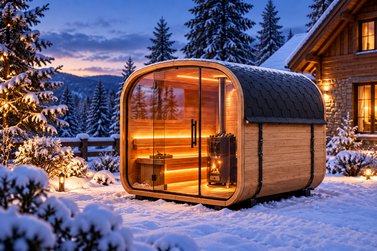 Prosklená dřevěná sauna v zimní zahradě
